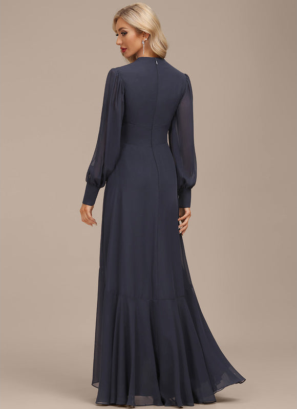 Robe de Soirée Longue Bleue En Mousseline Asymétrique - gallery 2