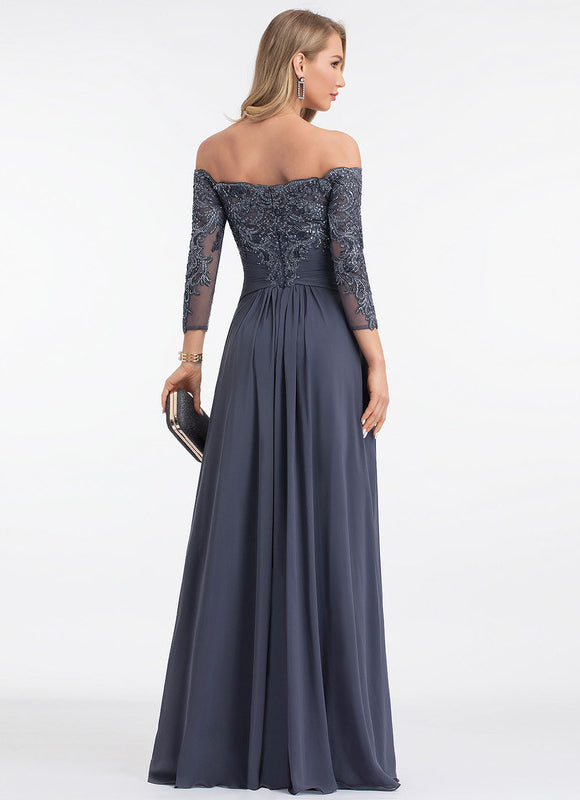 Robe de Soirée Longue Bleue Dentelle Paillettes - gallery 1
