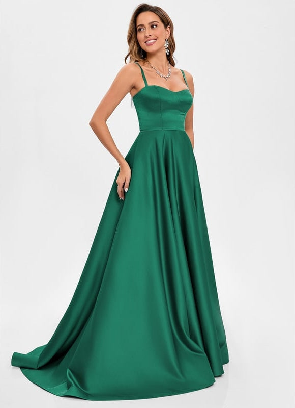 Robe de Soirée Longue Verte Satin Avec Échancrure - gallery 4