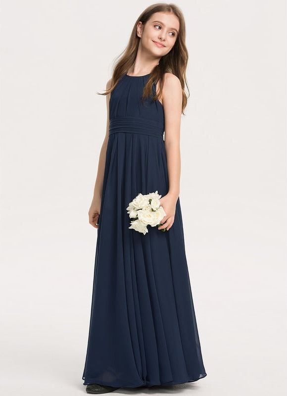 Robe de Soirée Longue Bleue En Mousseline Pour Demoiselle D'Honneur - gallery 3