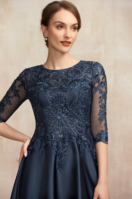 Robe de Soirée Longue Bleue Satin Dentelle Paillettes - gallery 1