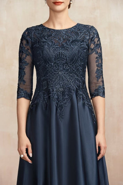 Robe de Soirée Longue Bleue Satin Dentelle Paillettes - gallery 6