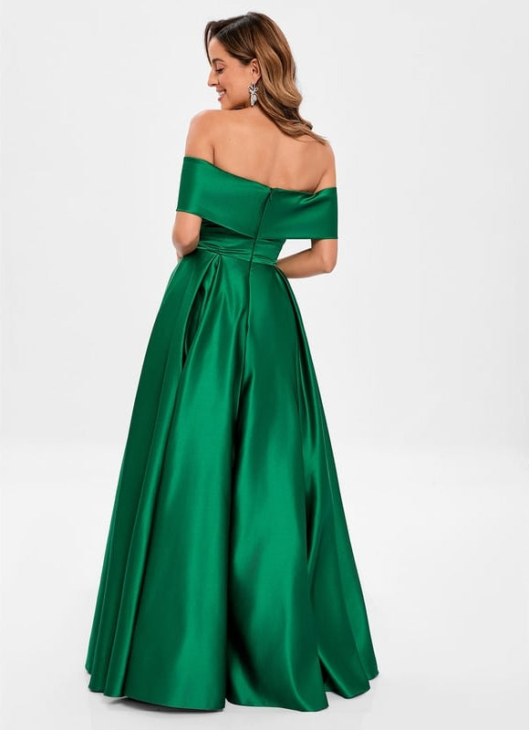 Robe de Soirée Longue Verte Satin Princesse Épaule Dénudée - gallery 6