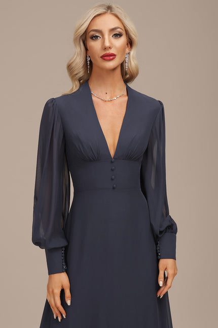 Robe de Soirée Longue Bleue En Mousseline Asymétrique - gallery 7