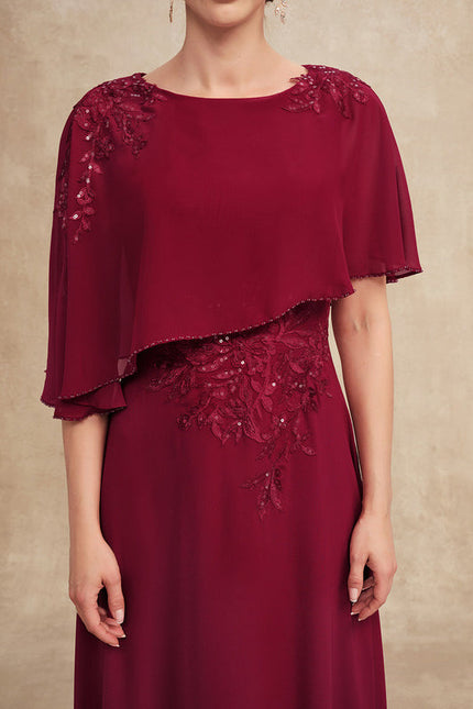 Robe de Soirée Longue Bordeaux En Mousseline Dentelle Perles - gallery 6