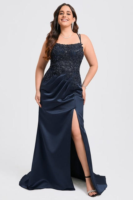 Robe Longue Bleue Satin Dentelle Paillettes Soirée - gallery 9