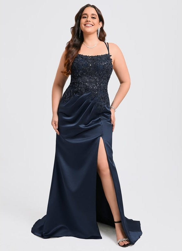 Robe Longue Bleue Satin Dentelle Paillettes Soirée - gallery 9