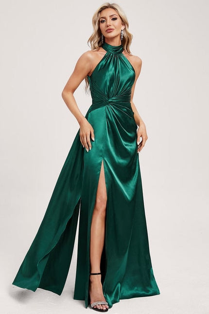 Robe Longue Verte Satin Extensible Volants Soirée - gallery 1