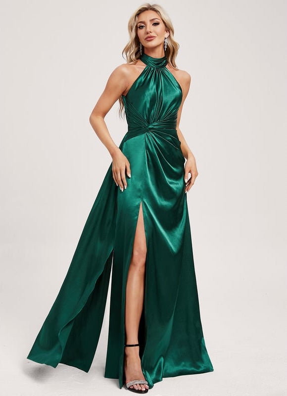 Robe Longue Verte Satin Extensible Volants Soirée - gallery 1