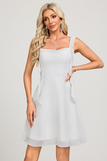 Robe de Soirée Longue Blanche Mousseline À Volants - gallery 3