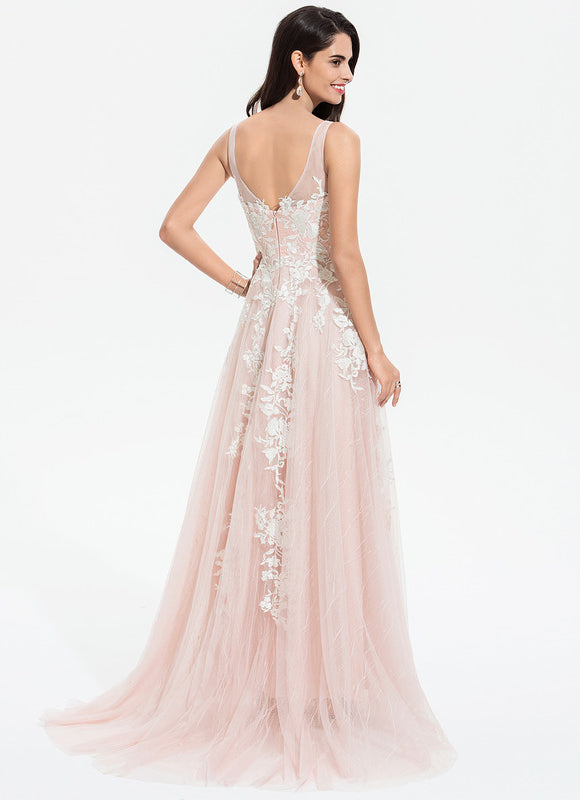 Robe de Soirée Longue Rose Ivoire En Tulle Et Dentelle - gallery 1