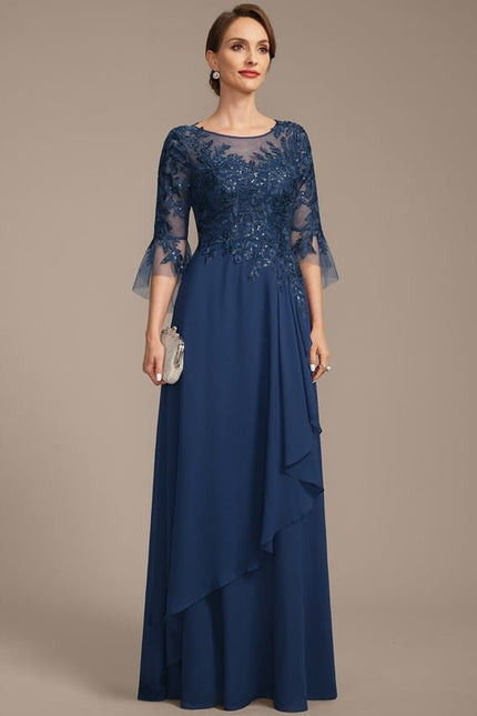 Robe de Soirée Longue Bleu Marine Dentelle Mousseline Volants - gallery 4