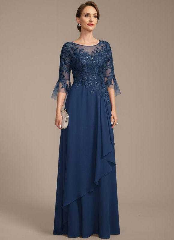 Robe de Soirée Longue Bleu Marine Dentelle Mousseline Volants - gallery 4