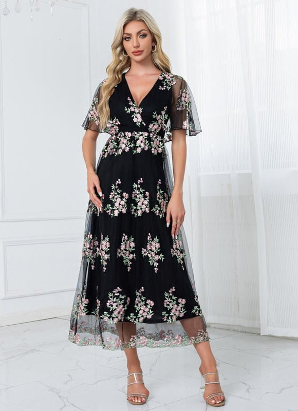 Robe de Soirée Florale Noire