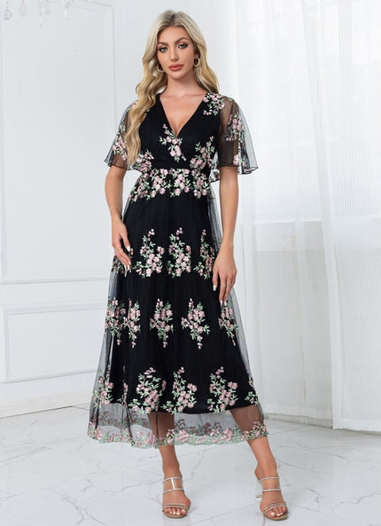 Robe de Soirée Florale Noire