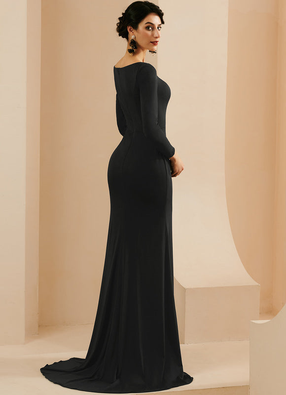Robe Longue Noire Jersey Soirée Avec Traîne - gallery 1
