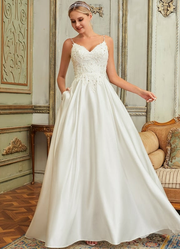 Robe de Soirée Longue Mariée Satin Dentelle Perles Blanche