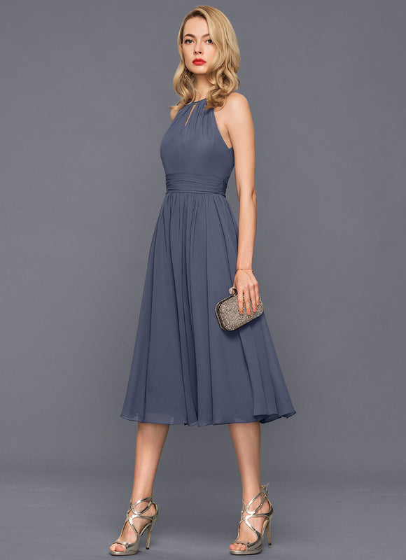 Robe de Soirée Longue Bleu Mousseline Volants - gallery 3