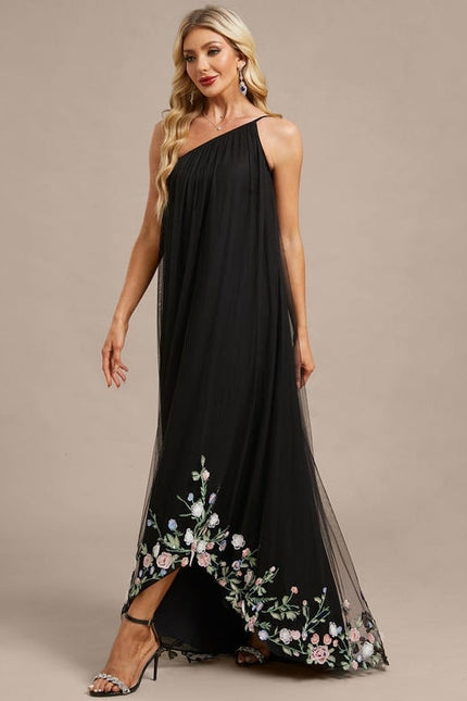 Robe de Soirée Noire Florale Asymétrique - gallery 3