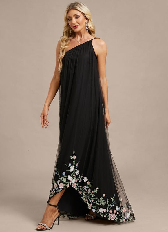 Robe de Soirée Noire Florale Asymétrique - gallery 3