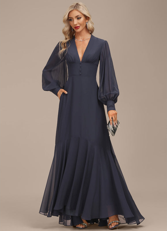 Robe de Soirée Longue Bleue En Mousseline Asymétrique - gallery 6