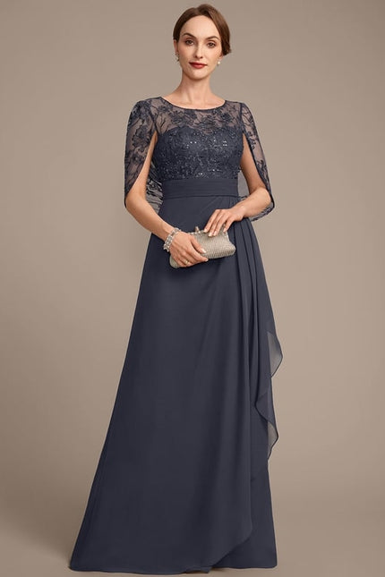 Robe de Soirée Longue Bleu Marine Dentelle Mousseline Volants