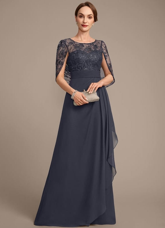 Robe de Soirée Longue Bleu Marine Dentelle Mousseline Volants
