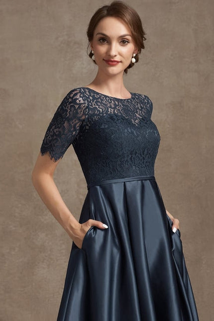 Robe de Soirée Longue Bleu Satiné Dentelle. - gallery 2