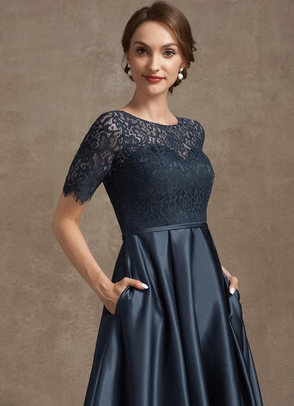 Robe de Soirée Longue Bleu Satiné Dentelle. - gallery 2