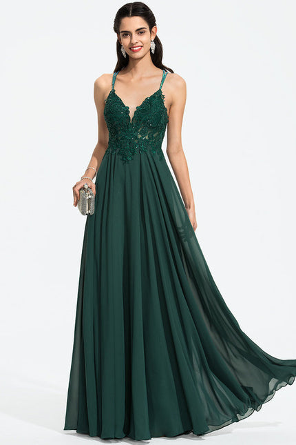 Robe Longue Vert Mousseuline Élégante Soirée - gallery 9