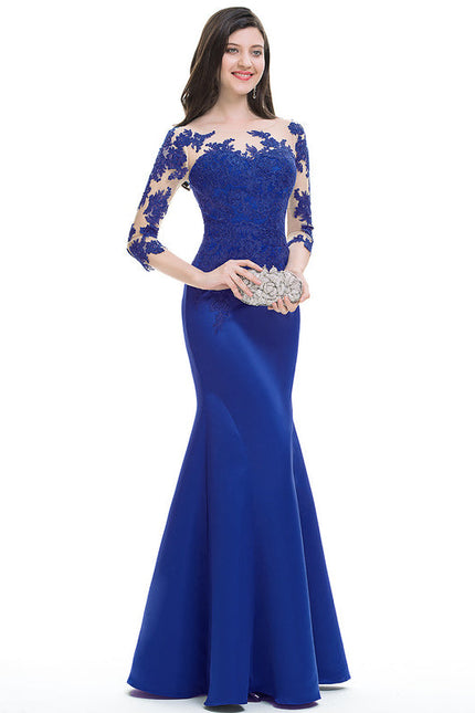 Robe de Soirée Longue Bleue Sirène Dentelle Satin - gallery 3