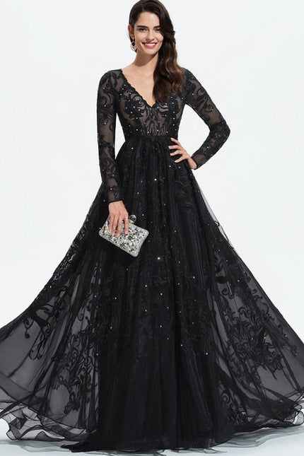 Robe Longue Noire Dentelle Paillettes Soirée