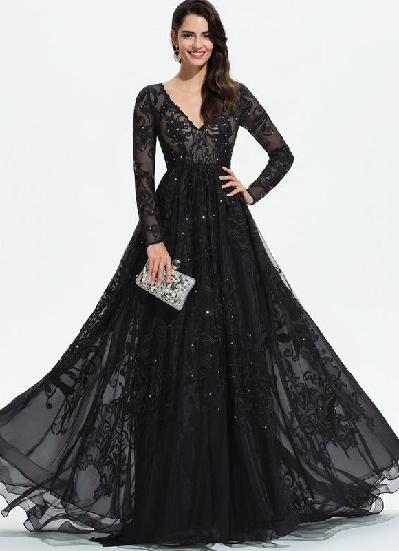 Robe Longue Noire Dentelle Paillettes Soirée