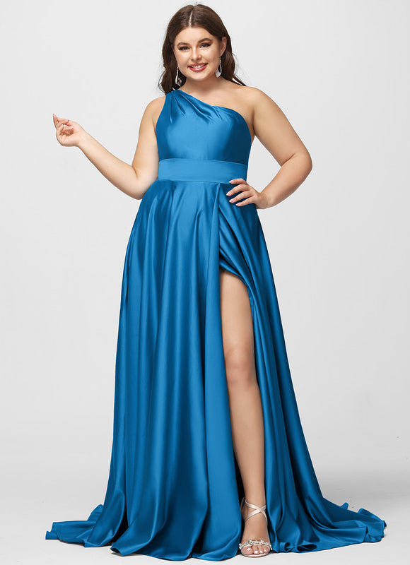Robe Longue Bleu Satin Balayeuse Bal De Soirée - gallery 7