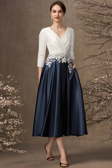 Robe de Soirée Longue Blanche Et Bleue Satin À Dentelle - gallery 1