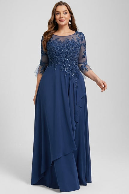Robe de Soirée Longue Bleu Marine Dentelle Mousseline Volants - gallery 9