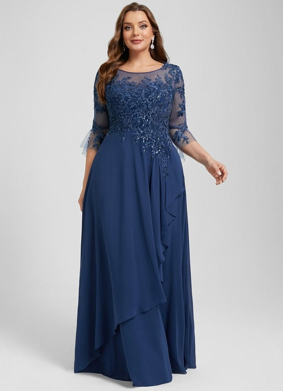Robe de Soirée Longue Bleu Marine Dentelle Mousseline Volants - gallery 9