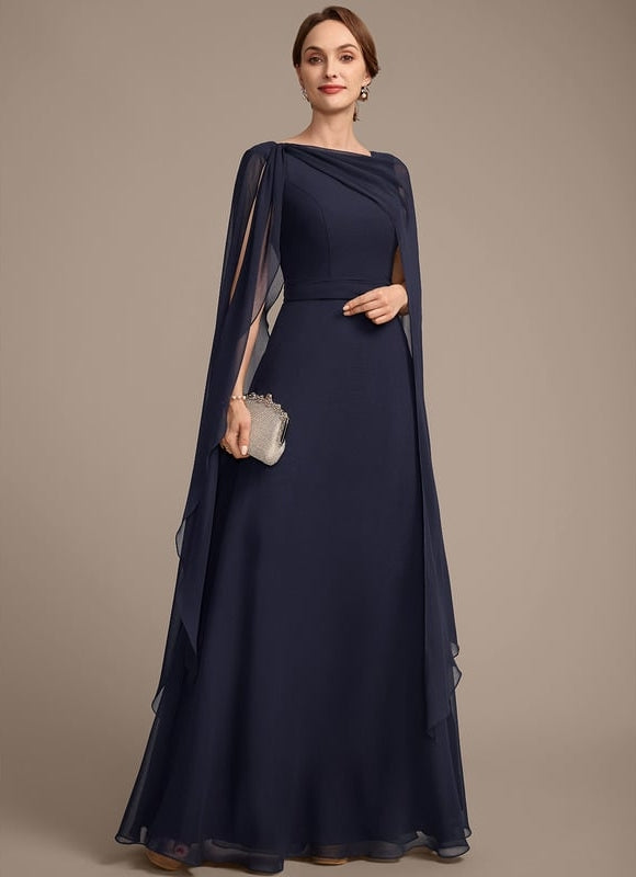 Robe de Soirée Longue Bleue En Mousseline Avec Nœud Plissé - gallery 5