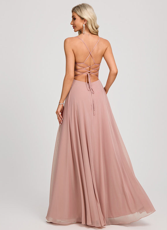 Robe de Soirée Longue Rose Pâle Mesh Plissée Bal - gallery 4