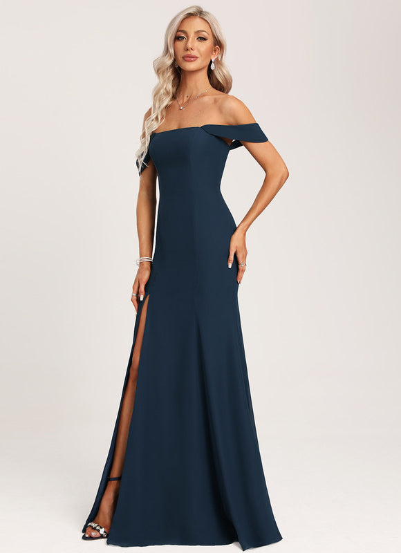 Robe de Soirée Longue Bleue Sirène Épaules Dénudées - gallery 3