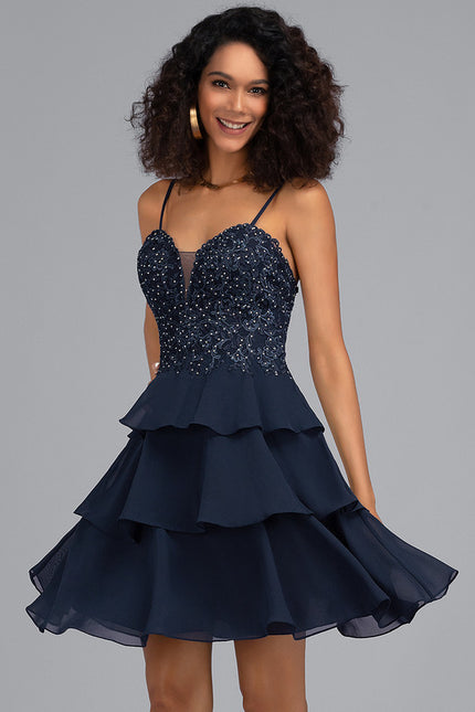 Robe de Soirée Longue Bleu Marine Dentelle Paillettes