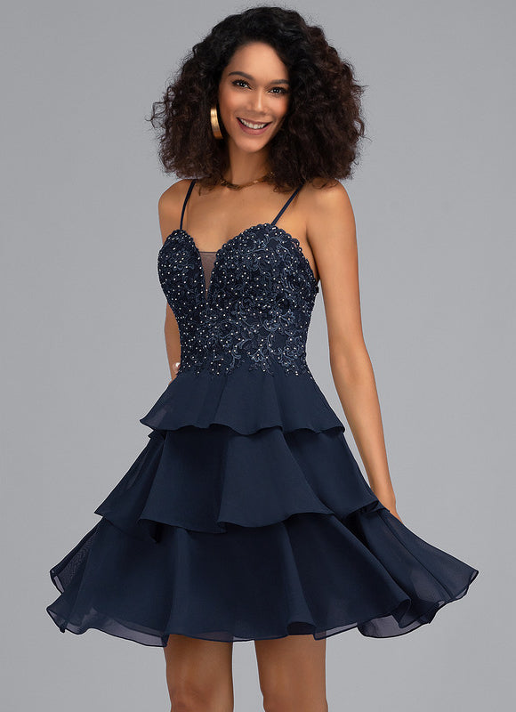 Robe de Soirée Longue Bleu Marine Dentelle Paillettes
