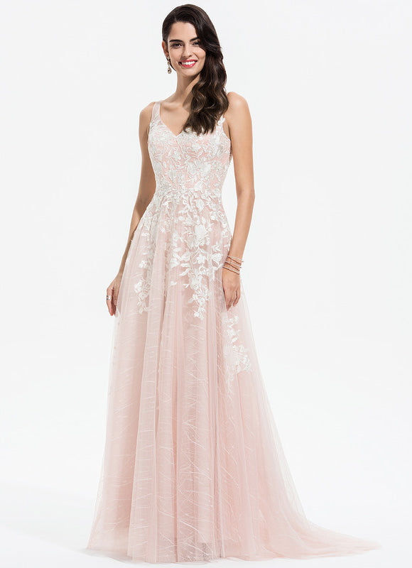 Robe de Soirée Longue Rose Ivoire En Tulle Et Dentelle