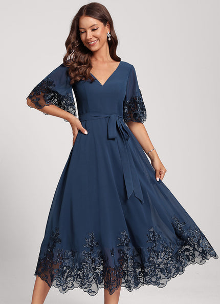 Robe de Soirée Longue Bleue En Dentelle Et Mousseline