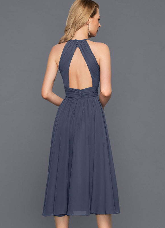 Robe de Soirée Longue Bleu Mousseline Volants - gallery 1