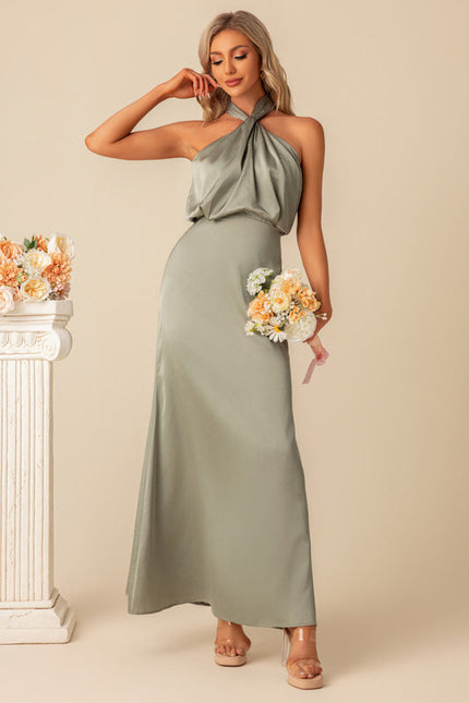 Robe de Soirée Satin Vert Poudré
