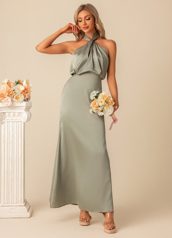 Robe de Soirée Satin Vert Poudré