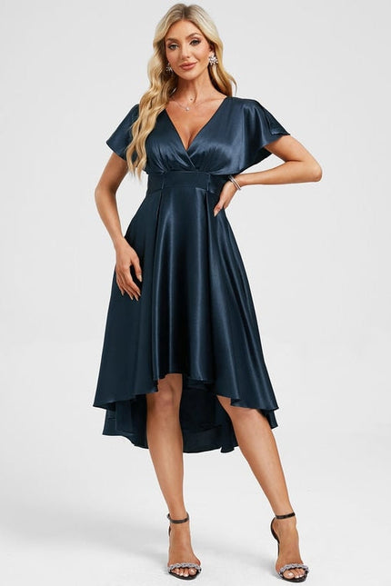 Robe de Soirée Satin Asymétrique Marine - gallery 4