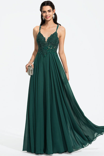 Robe Longue Vert Mousseuline Élégante Soirée - gallery 1