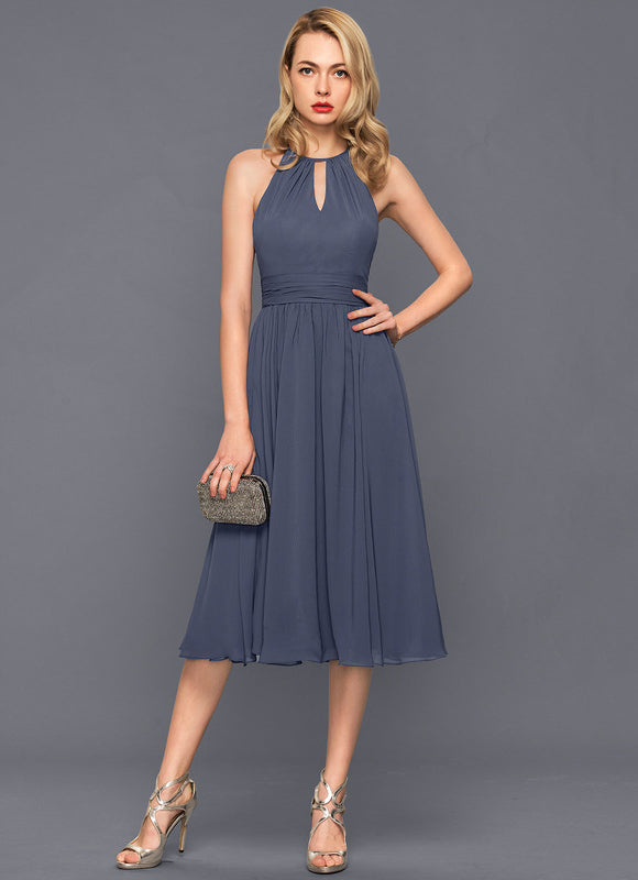 Robe de Soirée Longue Bleu Mousseline Volants - gallery 2